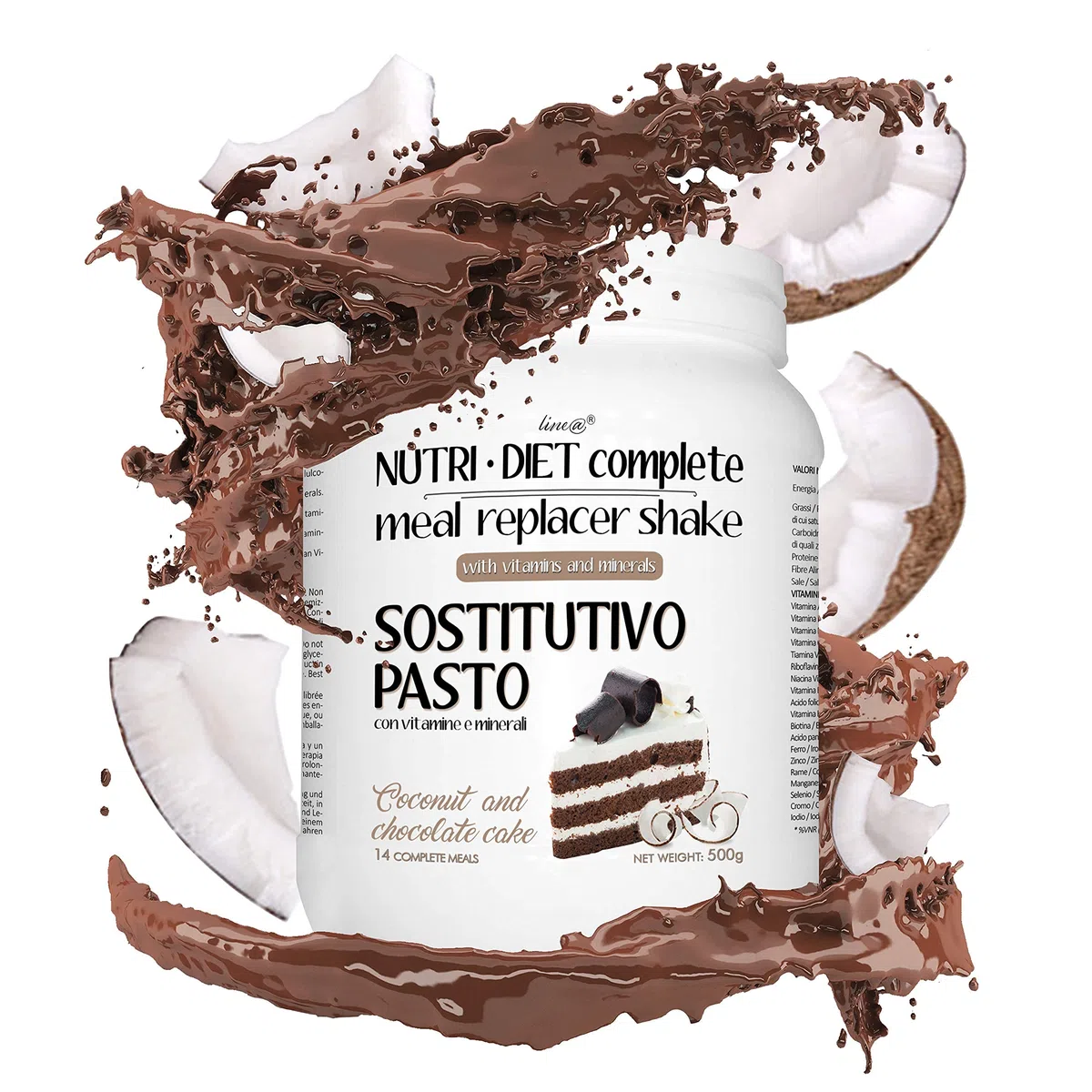PASTO SOSTITUTIVO NUTRI DIET complete al gusto di TORTA al COCCO e CIOCCOLATO Line@diet | 500g, 14 PASTI completi | ricco di vitamine e minerali