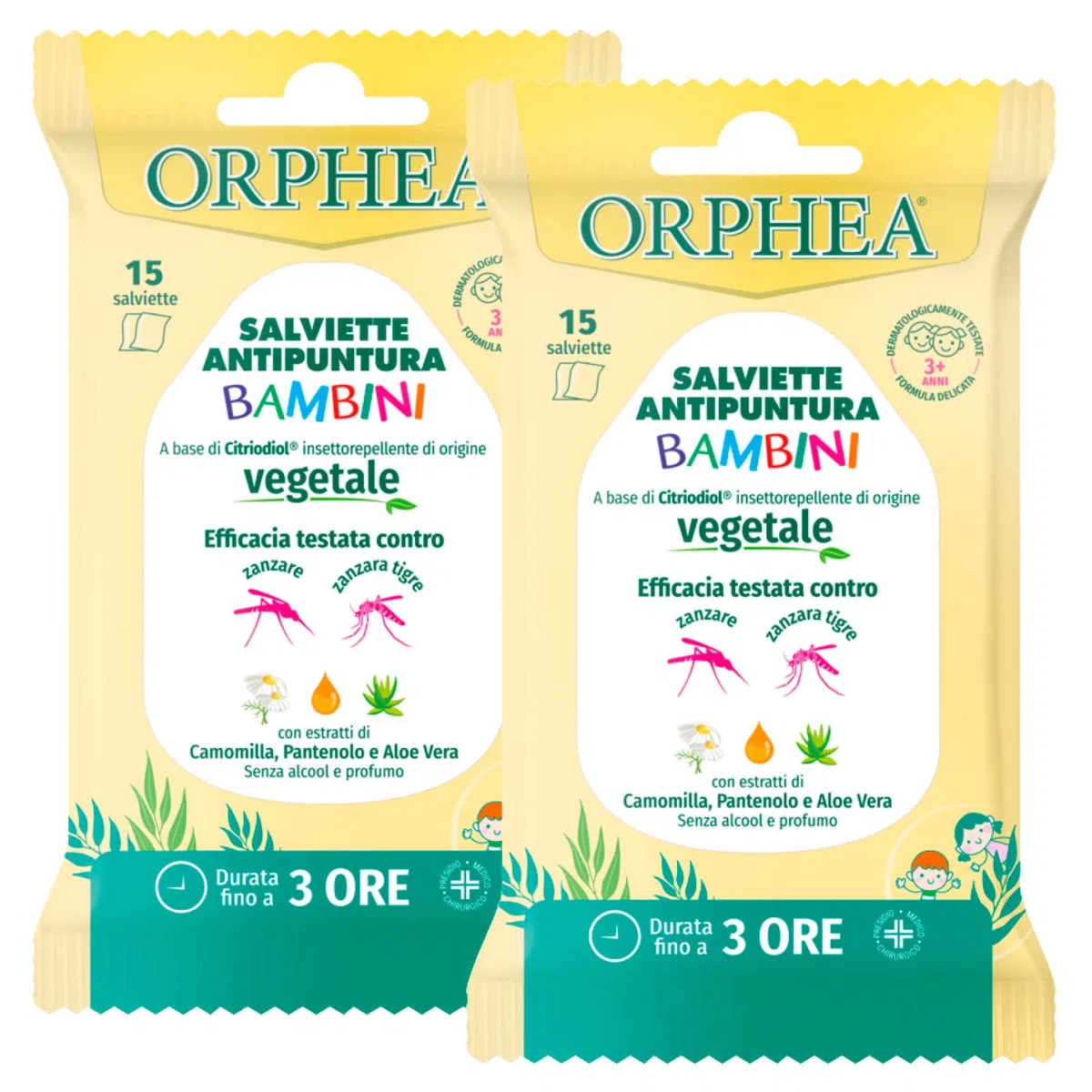 2x Orphea Salviette Antipuntura Delicate Repellenti Anti Zanzare e Zanzare Tigre per Bambini Senza Alcool Insettorepellenti - 2 Confezioni da 15 Salviettine Monouso