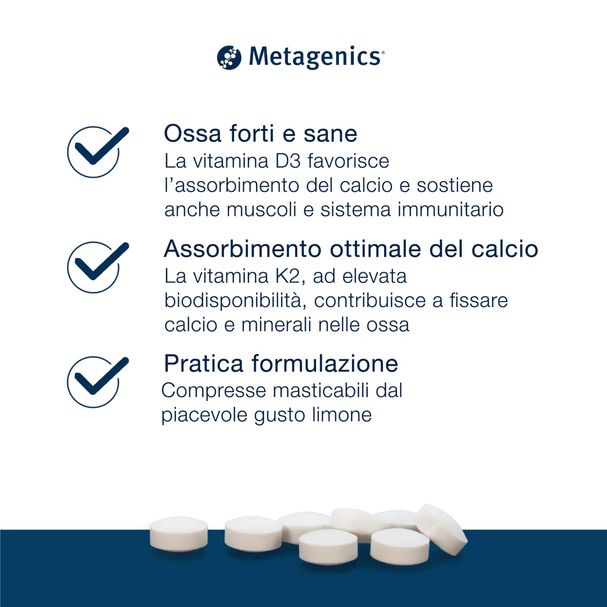 Metagenics Vitamina D3 + K2 - Sostiene la Salute delle Ossa - 56 Compresse Masticabili - Gusto Limone