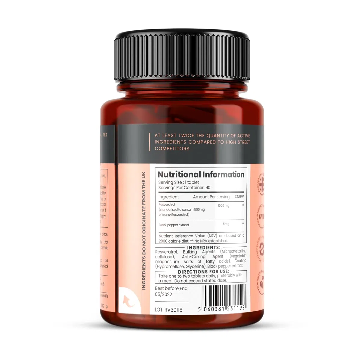 Pureclinica 90 compresse di resveratrolo da 1000 mg (fornitura per 3 mesi), 10 dosi con estratto di pepe nero