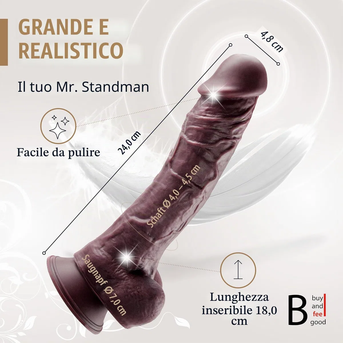 „MISTER STANDMAN“ Relistico dildo in SILICONE di 24,0 cm - La VENTOSA rende possibile la PERFETTA tenuta SENZA MANI - Magic wand dildo erotici