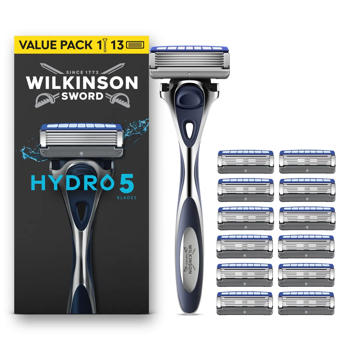Wilkinson Sword Hydro 5, rasoio da uomo, formato convenienza, azione idratante e lame rivestite in carbonio, set manico + 13 ricariche