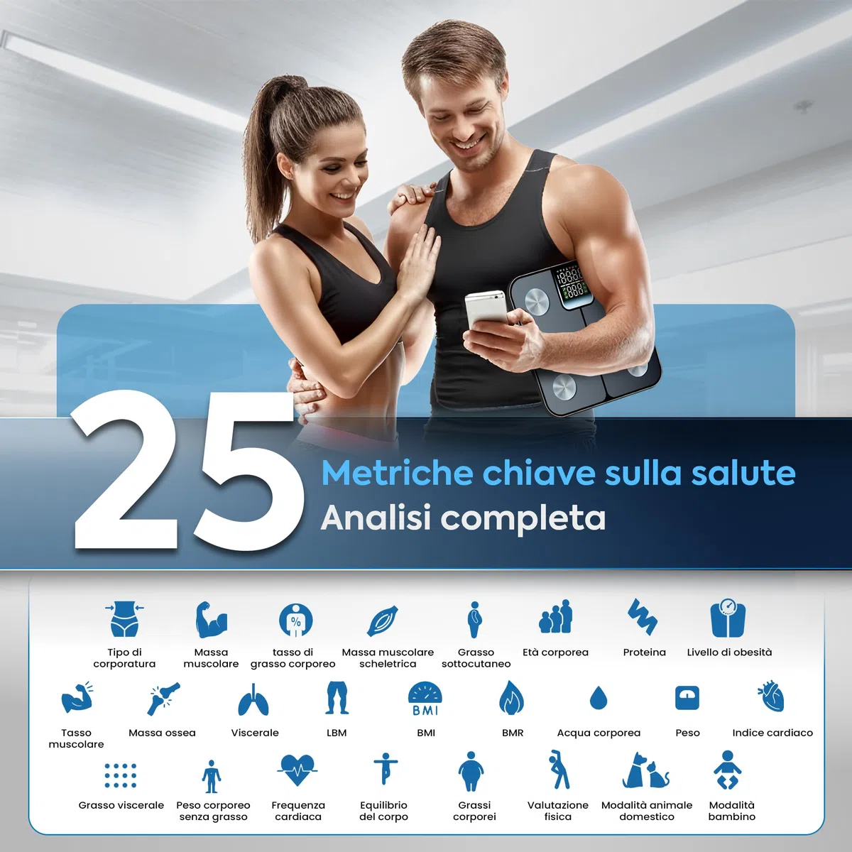 Bilancia Pesapersone Digitale Intelligente 180Kg Bluetooth con App, Impedenziometrica Professionale con Elettrodi in Acciaio Inossidabile, Display LED e 25 Indicatori Corporei