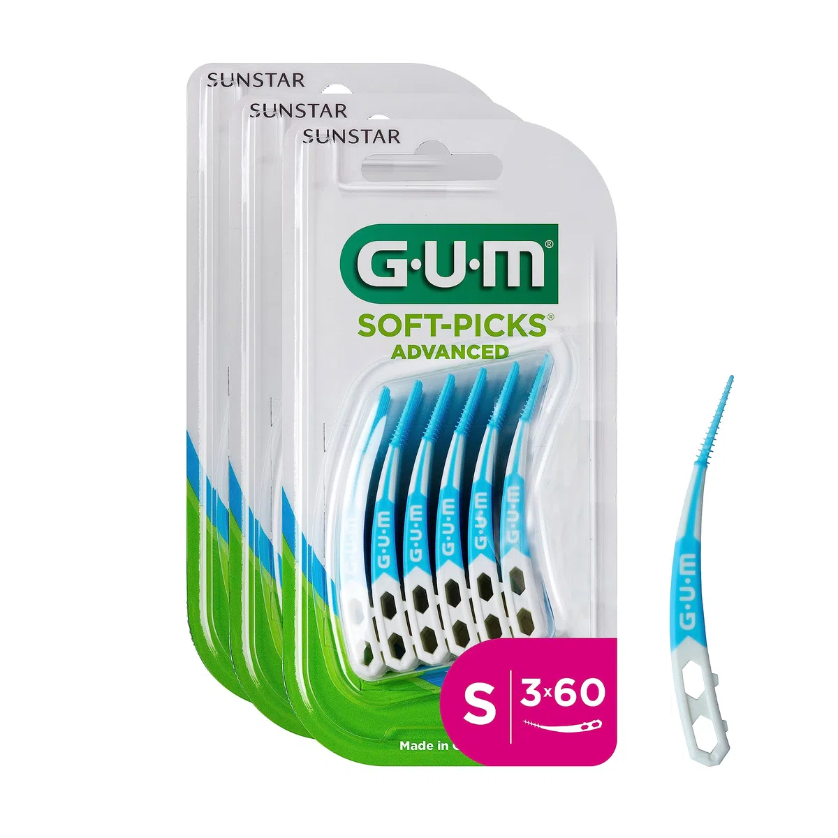 GUM SOFT-PICKS ADVANCED Scovolini Interdentali in Gomma/Per Rimuovere Placca e Residui di Cibo/Raggiunge facilmente anche i denti posterior S - [3x60]