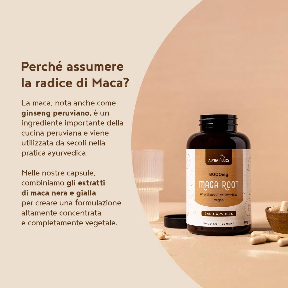 Maca Peruviana Nera Extra Forte | 8000mg per Capsula di Estratto di Maca Gialla + Black/Nera | Equilibrio Ormonale | 240 Capsule Vegane Alto Dosaggio | Alpha Foods