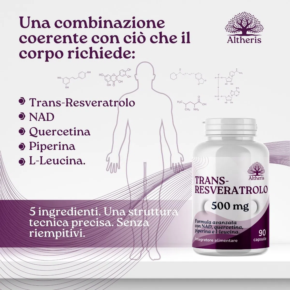 Trans Resveratrolo 500mg Puro NAD 90Cps con Quercetina L-Leucina e Piperina - Trans Resveratrolo Sirtuine, Polifenoli, Antietà, Antiossidante Naturale