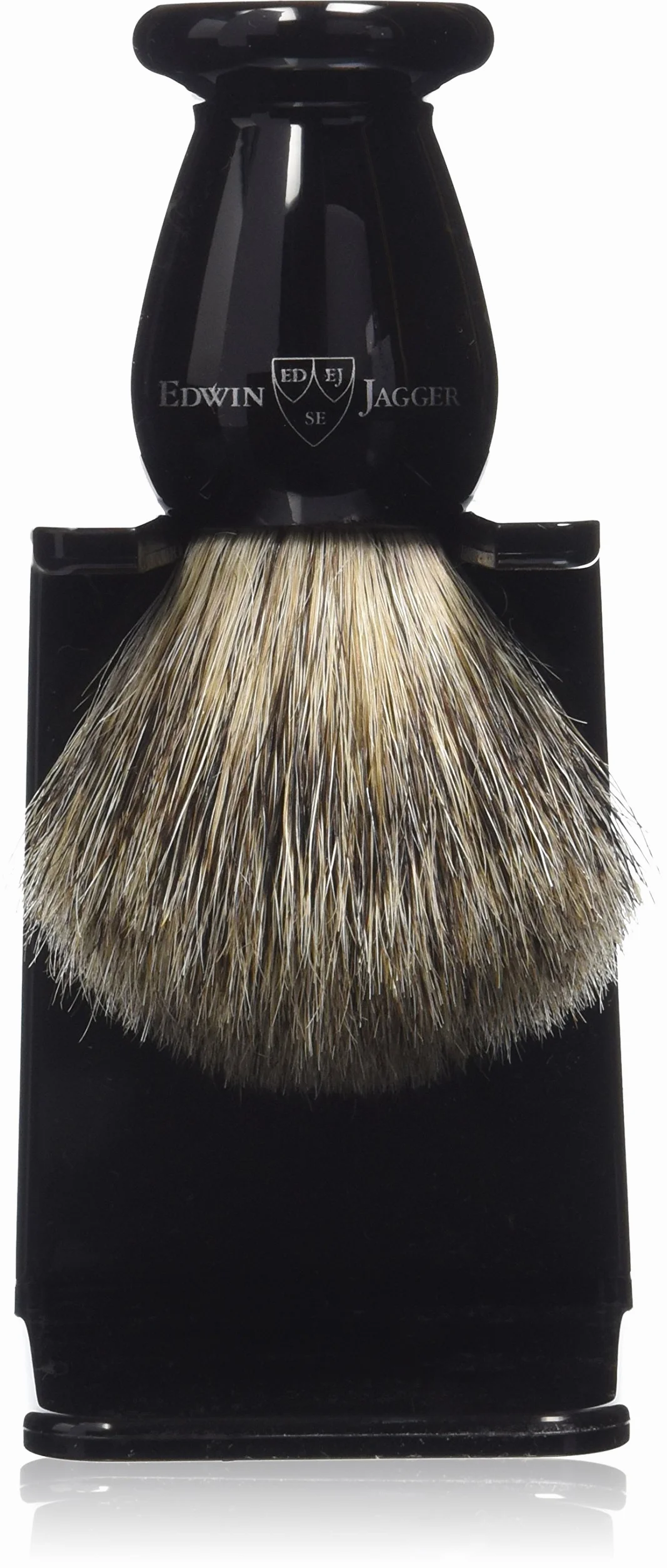 Edwin Jagger - Pennello da barba con setole di puro tasso, manico imitazione ebano, fatto a mano, con porta pennello, 8,6 cm