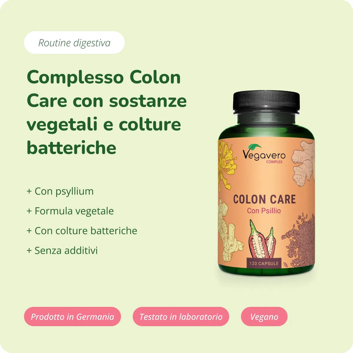 COLON CARE | 120 capsule | 100% Naturale con Psillio, Zenzero, Finocchio e Fermenti Lattici | Prodotto in Germania | Vegan e Senza Additivi | Vegavero