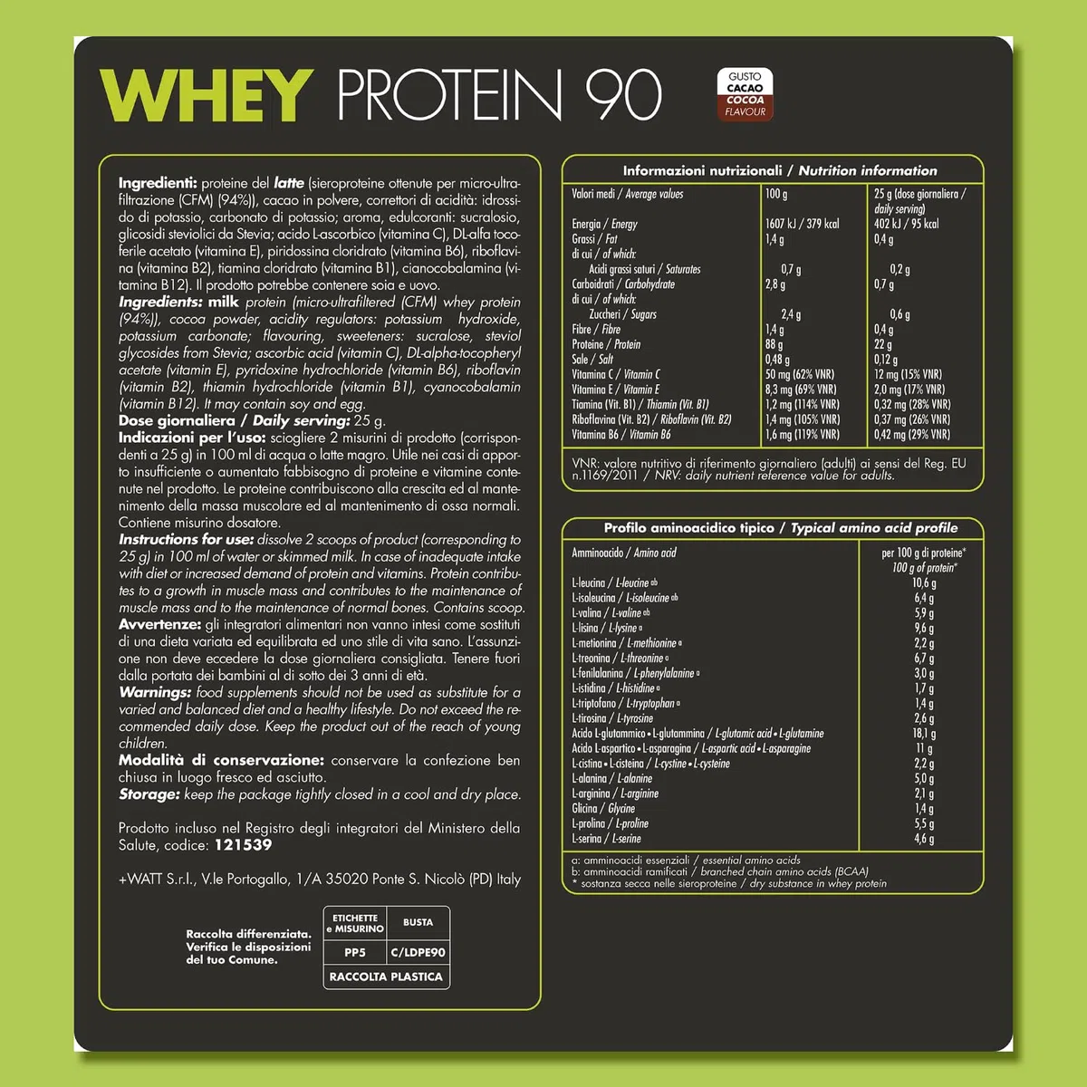 Whey Protein 90 - Proteine del Siero del Latte al 90% - Formato: 750 g Doypack - Gusto: Cacao