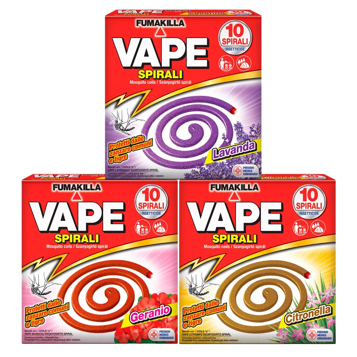 3x Vape Spirali Profumate Lavanda Geranio e Citronella Repellente Antizanzara contro Zanzare Comuni e Tigre Presidio Medico Chirurgico - 30 Spirali Profumazioni Assortite