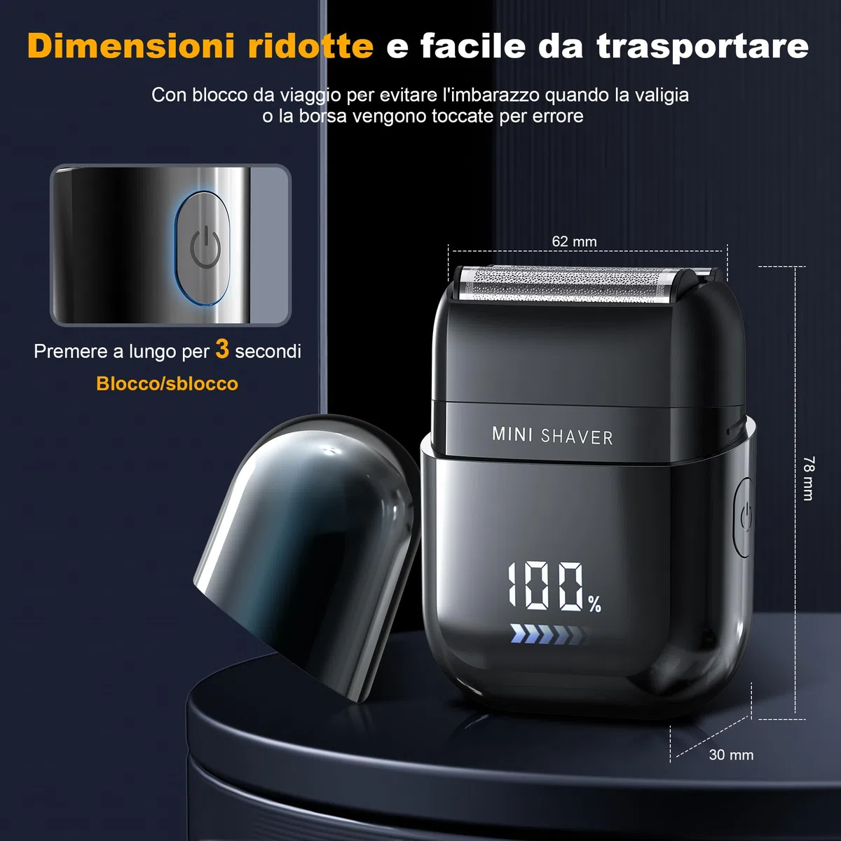 Mini Rasoio Elettrico Barba con Display LED, Rasoio Elettrico Uomo Impermeabile IPX7, Portatile Silenzioso e Lavabile