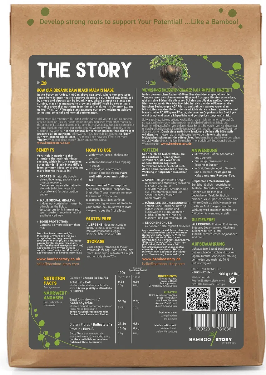 BAMBOO STORY | Maca Nera | 100% Peruviana | Polvere | Cruda | Pura | BIO | 900g