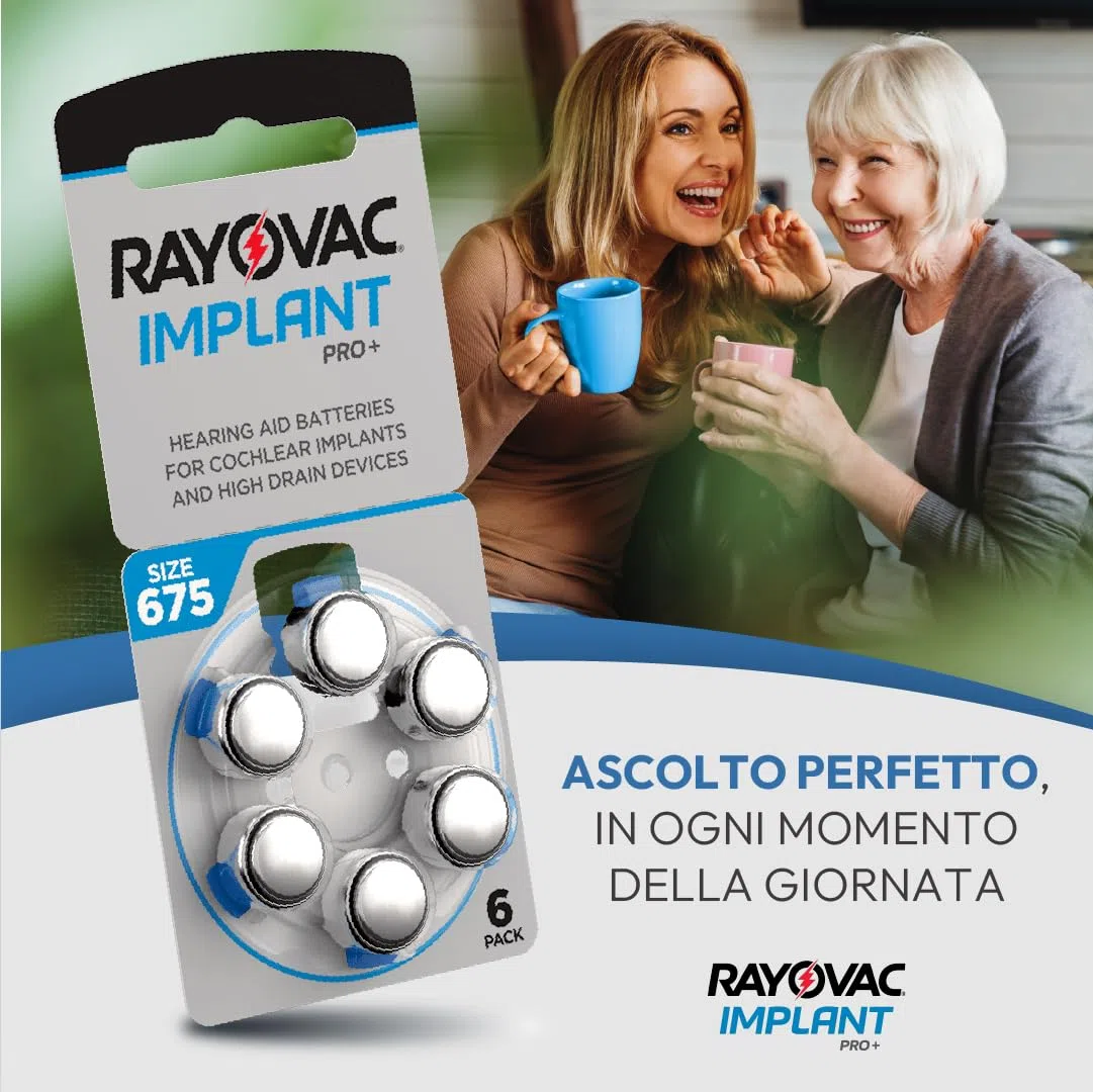 60 batterie per impianti cocleari Rayovac Implant Pro+ misura 675I, durata massima, compatibili con tutti gli impianti cocleari, pile senza mercurio e cadmio