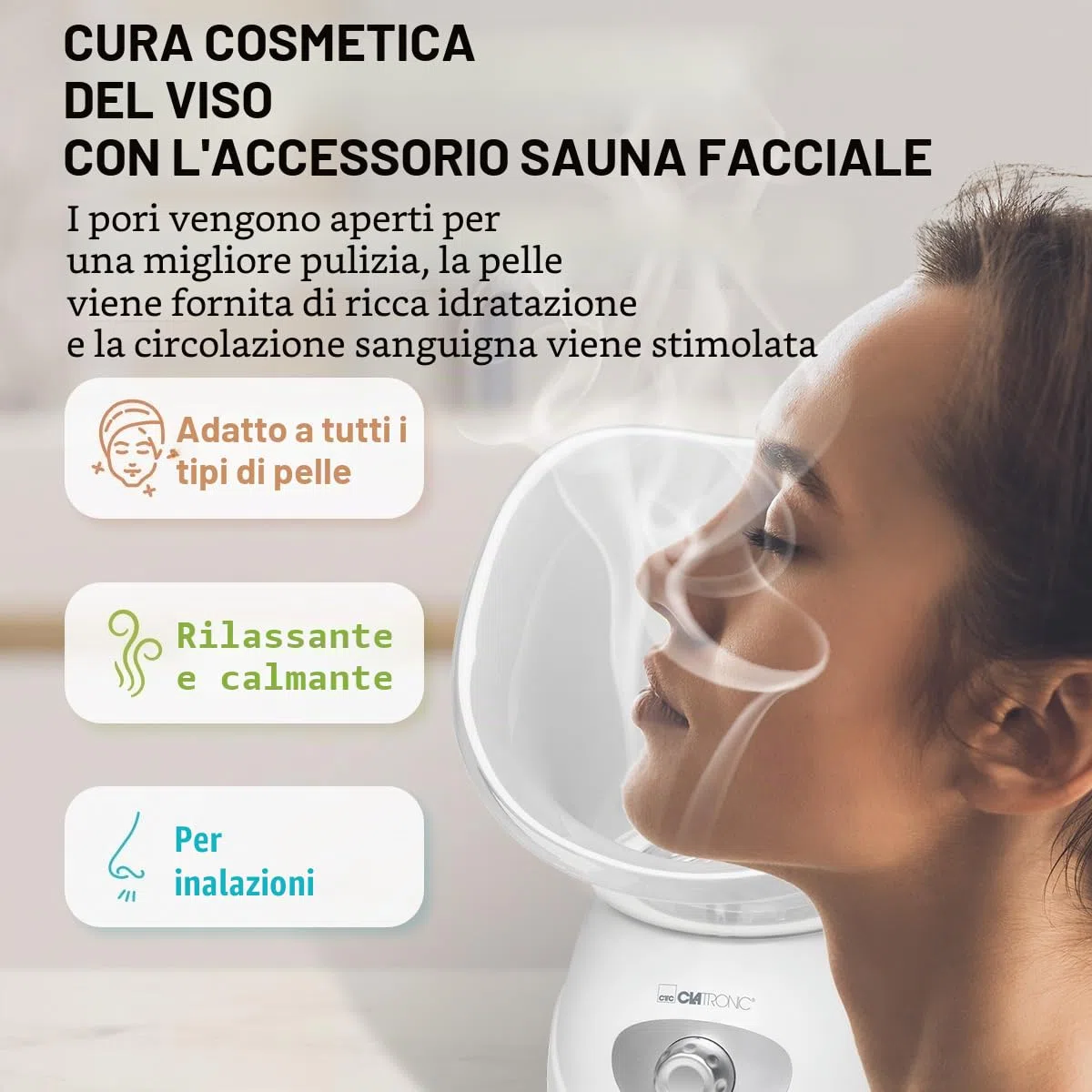 Clatronic GS 3656, inalatore per sauna facciale, inalatore, doccia nasale, rilassante con attacco aromatico, per bocca e naso, adatto per bambini, bianco», 130 watt