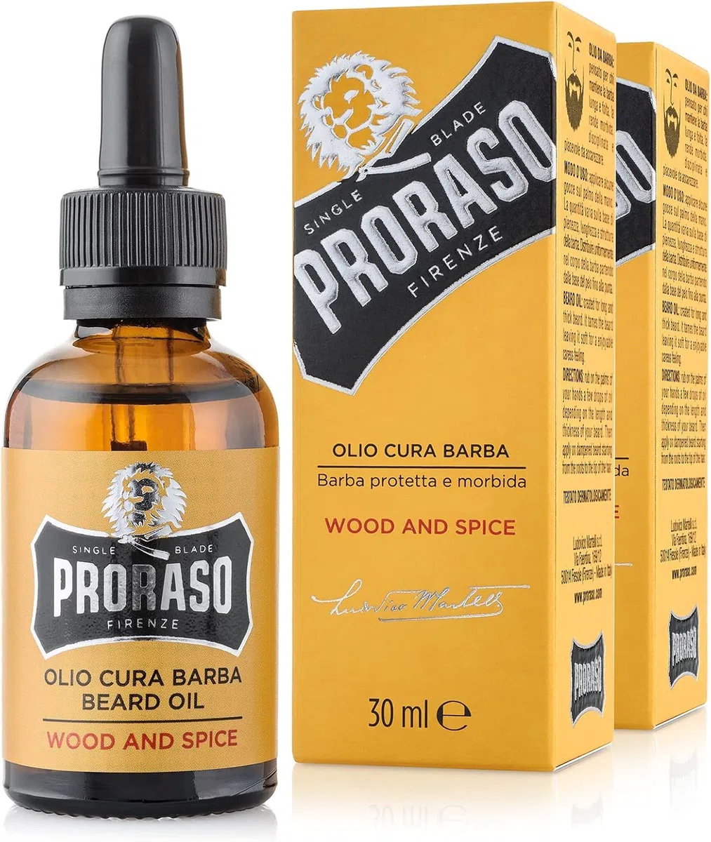 Proraso Olio Cura Barba Wood and Spice, 2 x 30ml, Olio da barba uomo con effetto ammorbidente e nutriente, Olio barba folta e lunga, Made in Italy