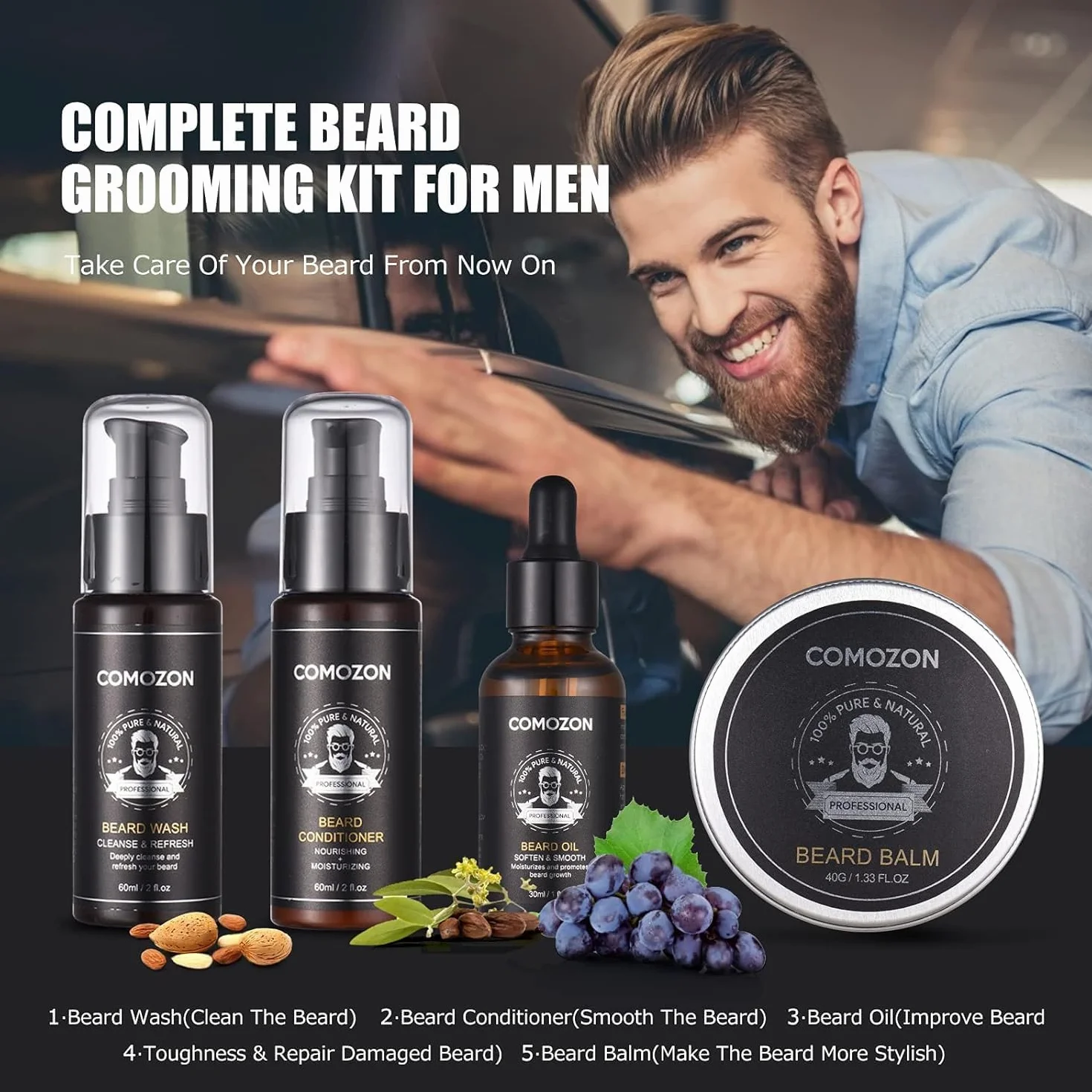 Kit post trattamento rimozione,Kit Cura Barba Uomo,Comozon 12 in 1 Kit Barba Uomo Professionale Prodotti Barba Uomo Con Rullo per Barba,Olio per Barba,Shampoo per Barba,Balsamo per Barba,Pettine