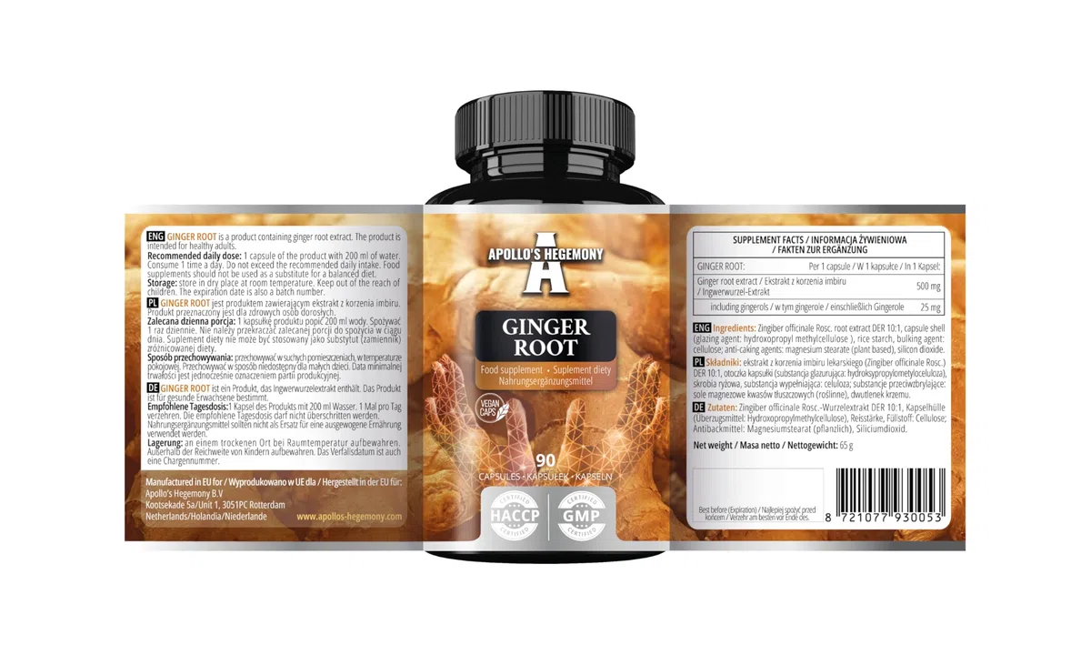 Radice di zenzero 500 mg, estratto contenente il 5% di gingeroli, 90 capsule vegane, fornitura di 3 mesi - da Apollo's Hegemony