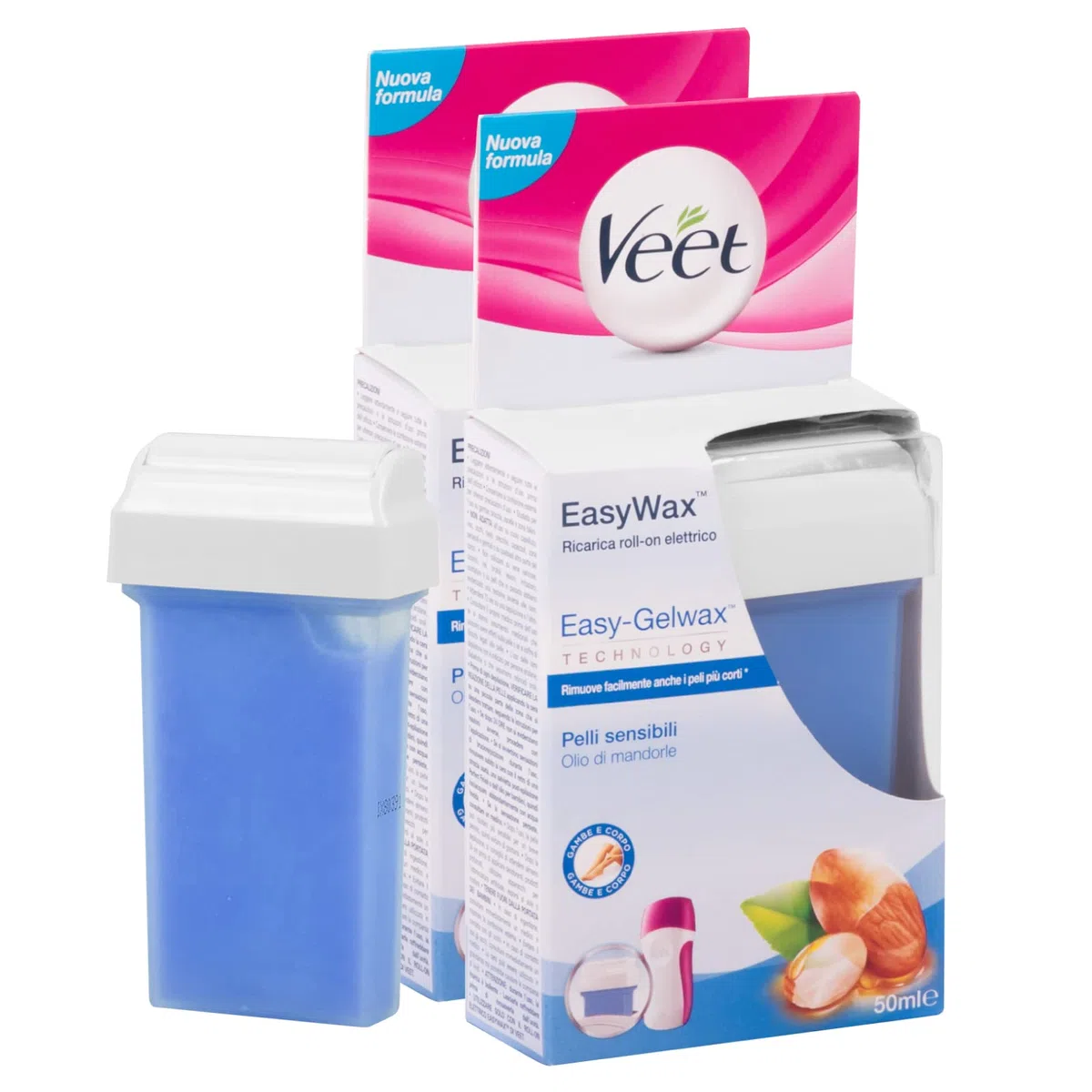 2x Veet EasyWax Roll-On Gambe e Corpo per Pelli Sensibili con Olio di Mandorle Idratante Ricarica per Scaldacera Elettrico Easy Wax - 2 Ricariche da 50ml