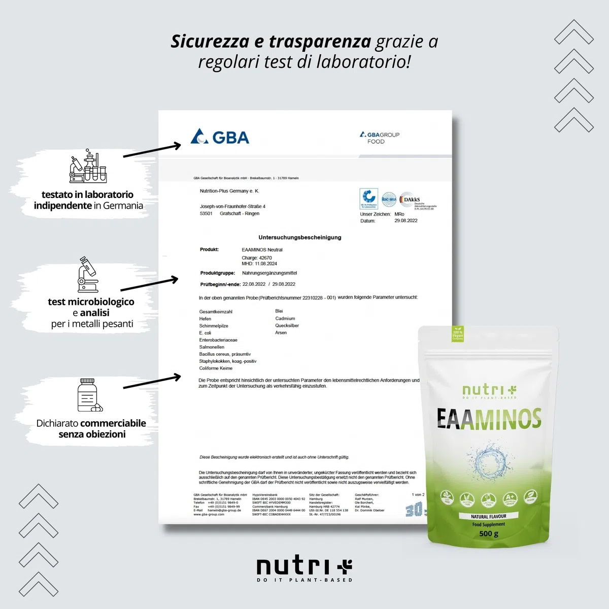 Nutri + EAA Vegani in Polvere Aminoacidi essenziali 500 g Plant based – Fermentazione vegetale – ideali pre intra post Workout - Mango & Passion Fruit