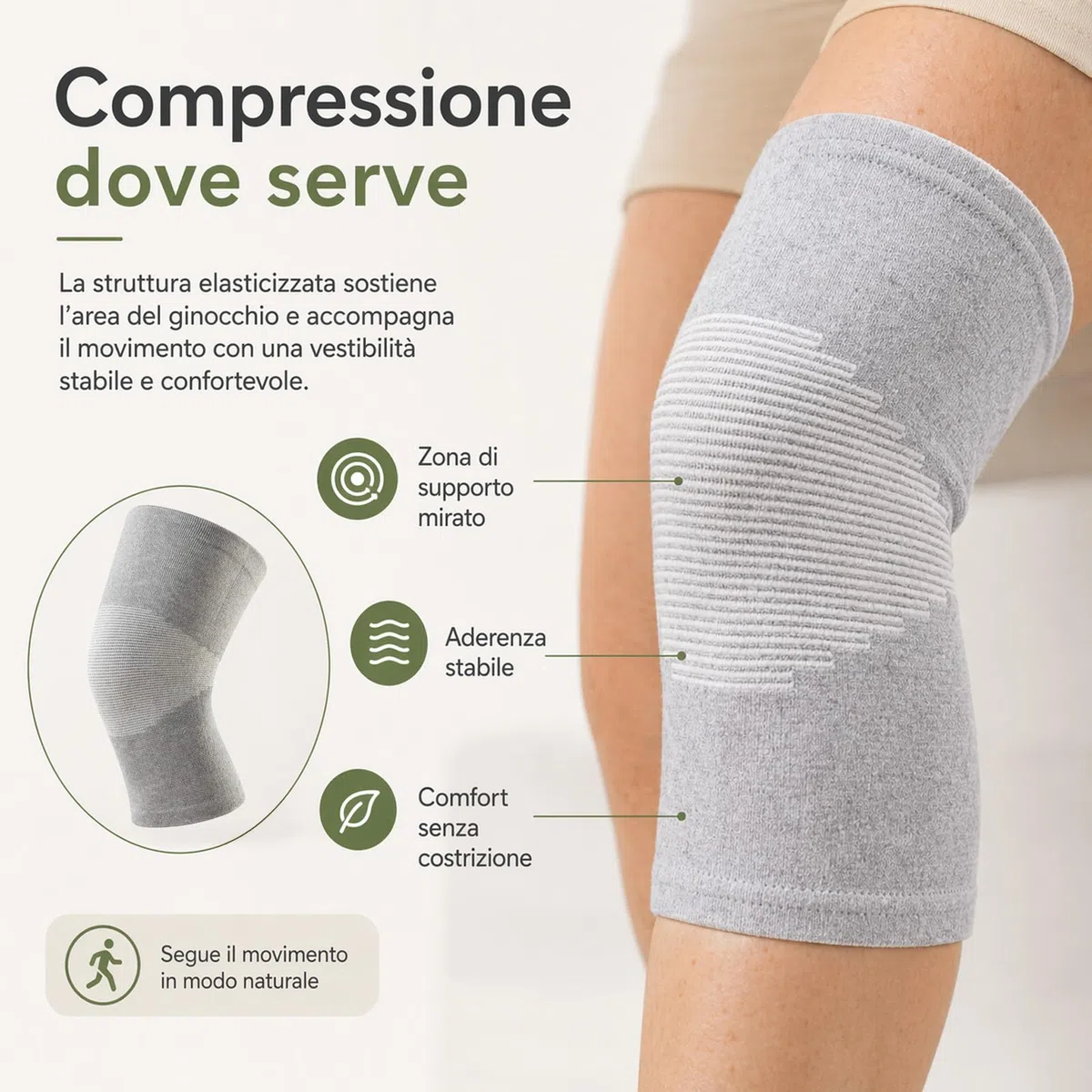 Generico Onepress Ginocchiera Bamboo, Ginocchiera in Bambù, Supporto Elastico Traspirante per Ginocchio, Compressione Ergonomica e Comfort Prolungato, Ideale per Sport (Grigio, L)