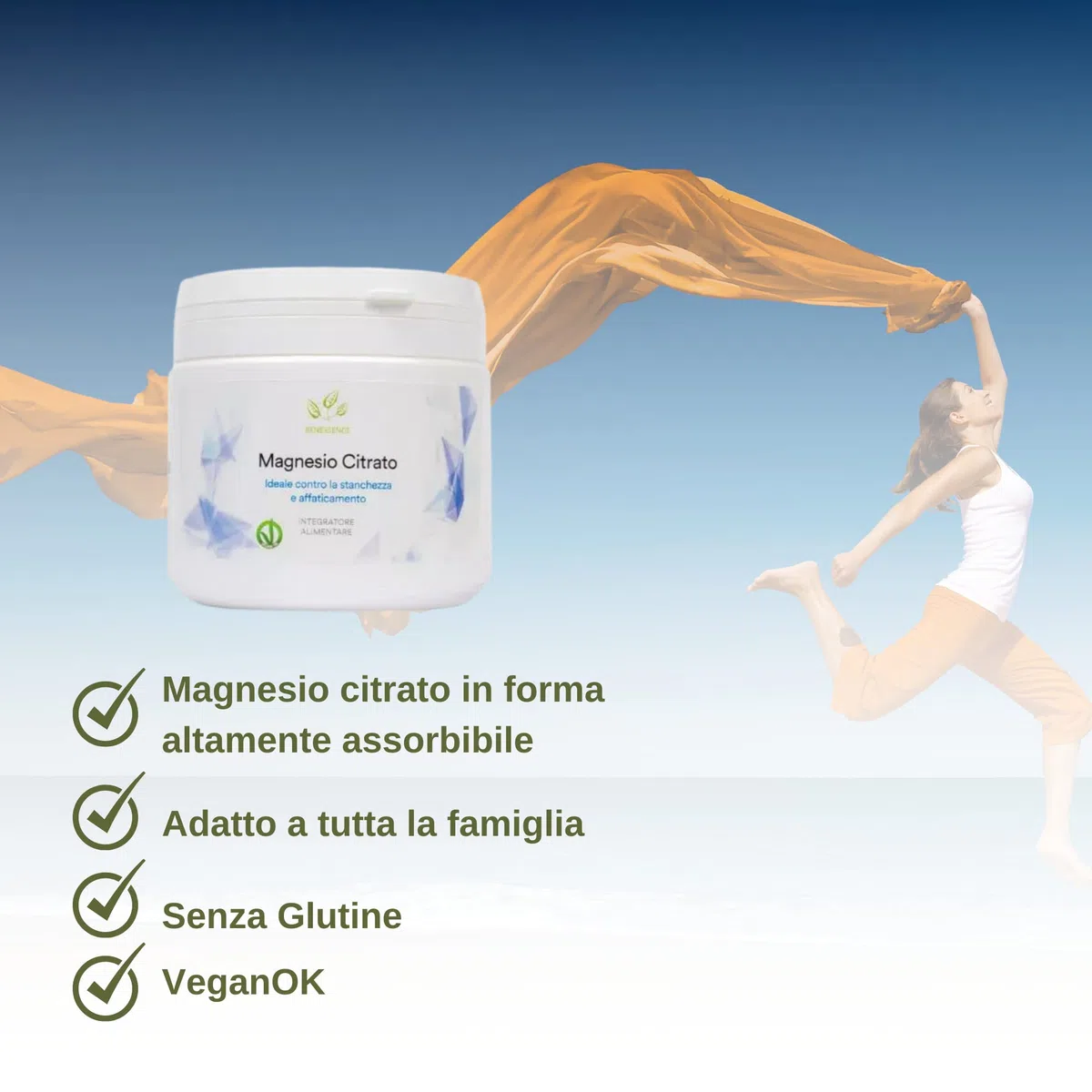 Benessence - Magnesio Citrato in Polvere solubile - 500g - 100 giorni di Integrazione