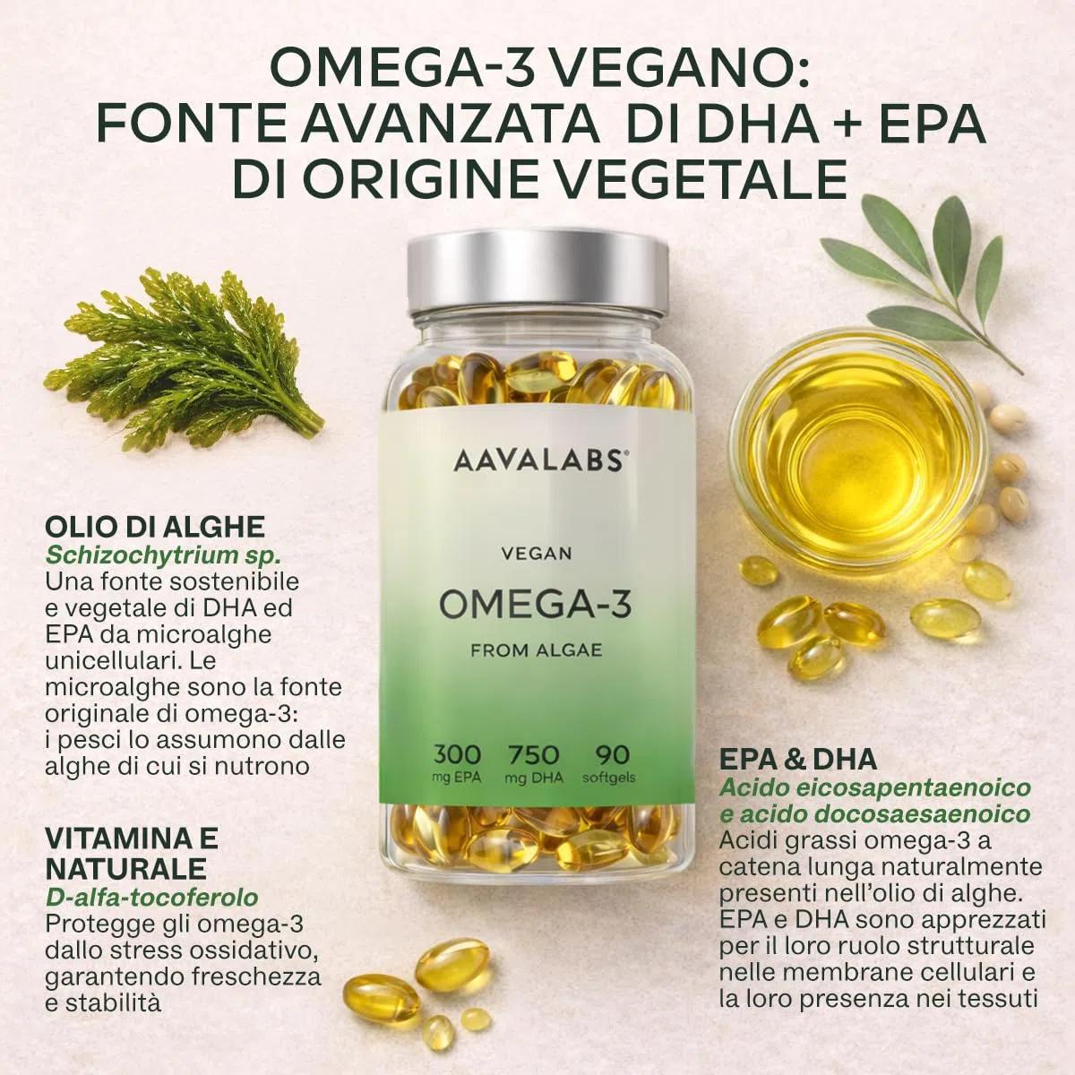 Omega 3 Vegan ad Alta Efficienza [1500 mg] Omega3 con 750mg DHA e 300mg EPA per Dose Giornaliera - Integratore Omega 3 da Olio di Alghe Vegetale Puro Sostenibile - 90 Softgel