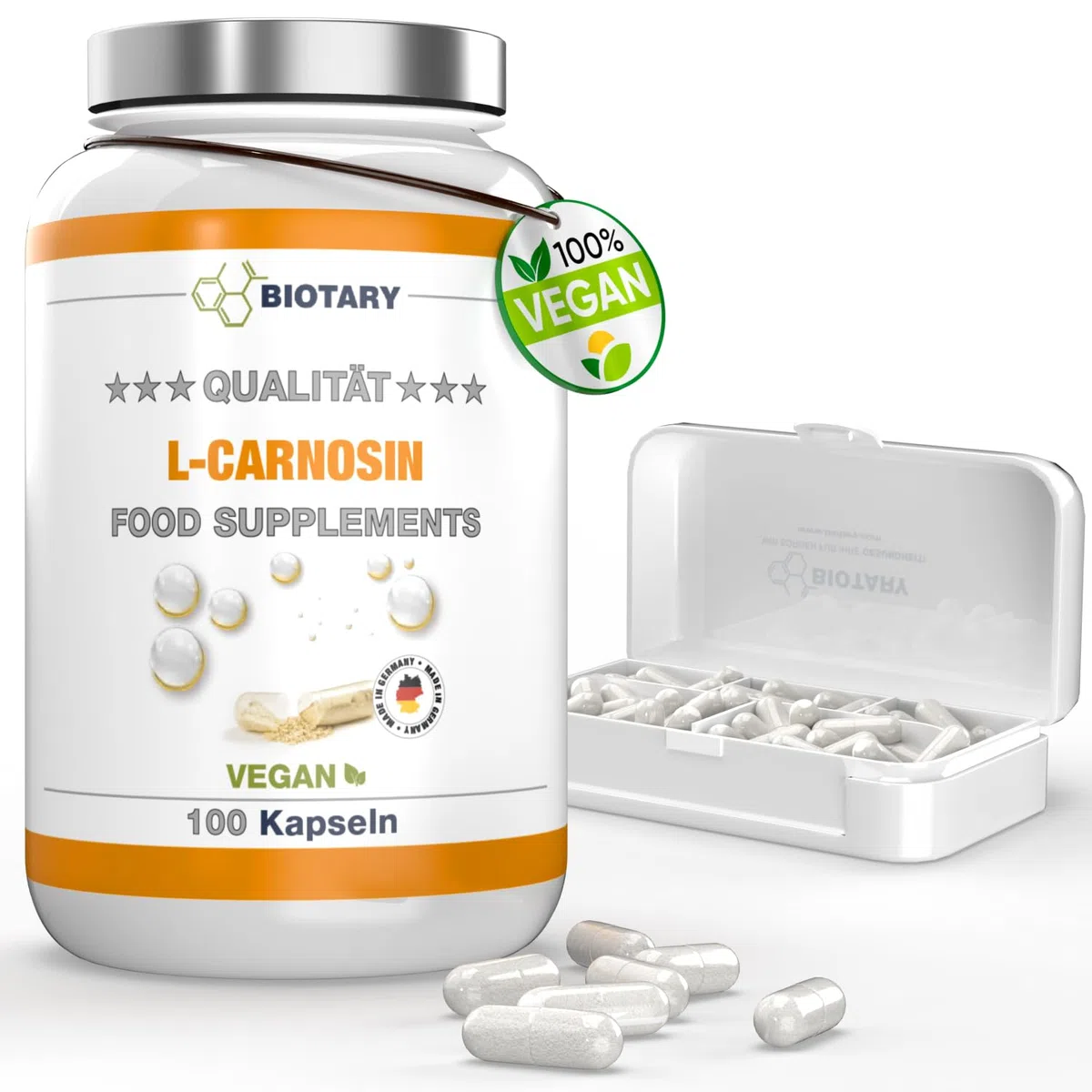 L-Carnosina 100 Capsule | 1000 mg per dose giornaliera | Inclusa scatola porta pillole | 100% Vegano | Alta dose e senza additivi | Alta biodisponibilità | Testato in laboratorio
