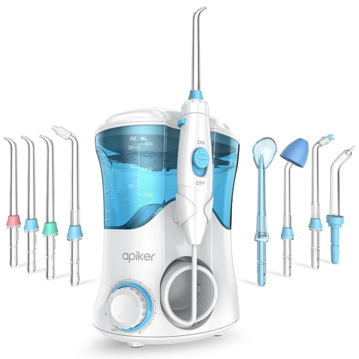 Apiker Idropulsore Dentale Professionale 600ml Irrigatore Dentale con 10 Impostazioni per Pressione dell’Acqua e 8 Beccucci Multifunzione Water Flosser IPX7 Cura Famiglia e Viaggi, Bianco