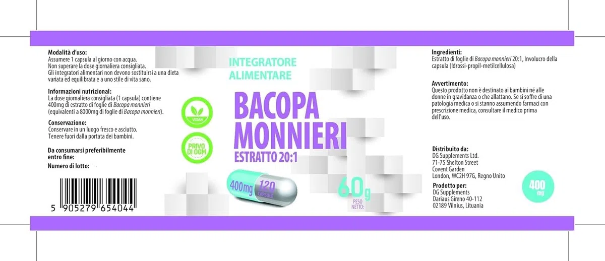 Bacopa Monnieri Brahmi Estratto 8000Mg Equivalente (400Mg Di Estratto 20:1) - 120 Capsule Vegan