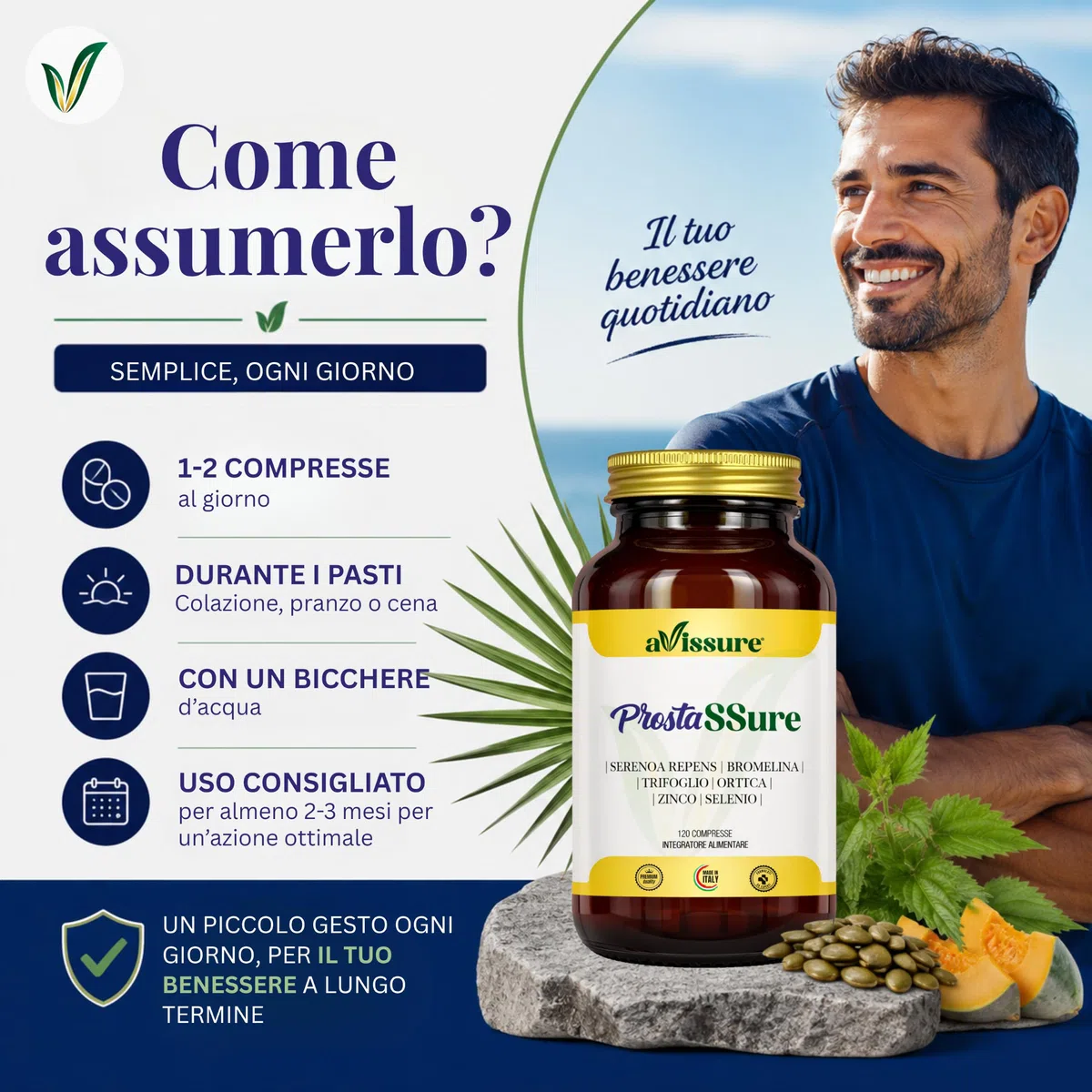 Serenoa Repens 320 mg ProstaSSure, 120 Compresse Fino a 4 Mesi, Formula con Estratto di Serenoa Repens, Ribolife, Bromelina 2500 GDU, Ortica, Vitamina B6, Zinco e Selenio, Senza Glutine, OGM, avissure