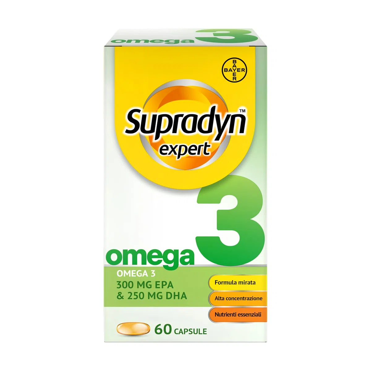Supradyn Omega 3 Integratore, olio di pesce 1000 mg per capsula con 600 mg di Omega-3, EPA 300 mg + DHA 250 mg, formula concentrata con vitamina E, 60 capsule