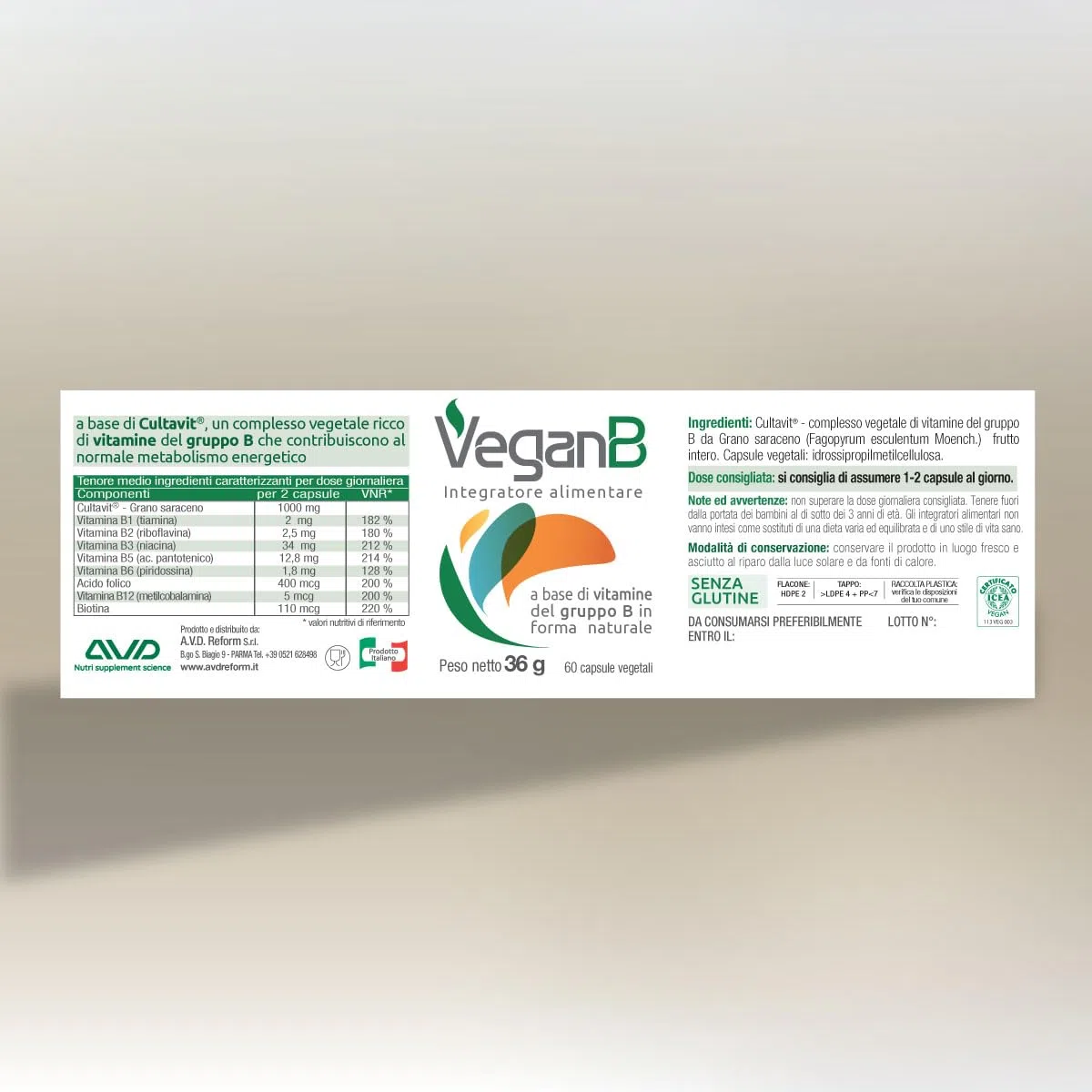 AVD REFORM | VeganB – Complesso Vegetale ricco di Vitamine del Gruppo B da Germogli di Grano Saraceno – Adatto a Vegani e Vegetariani – 60 capsule - Prodotto in Italia