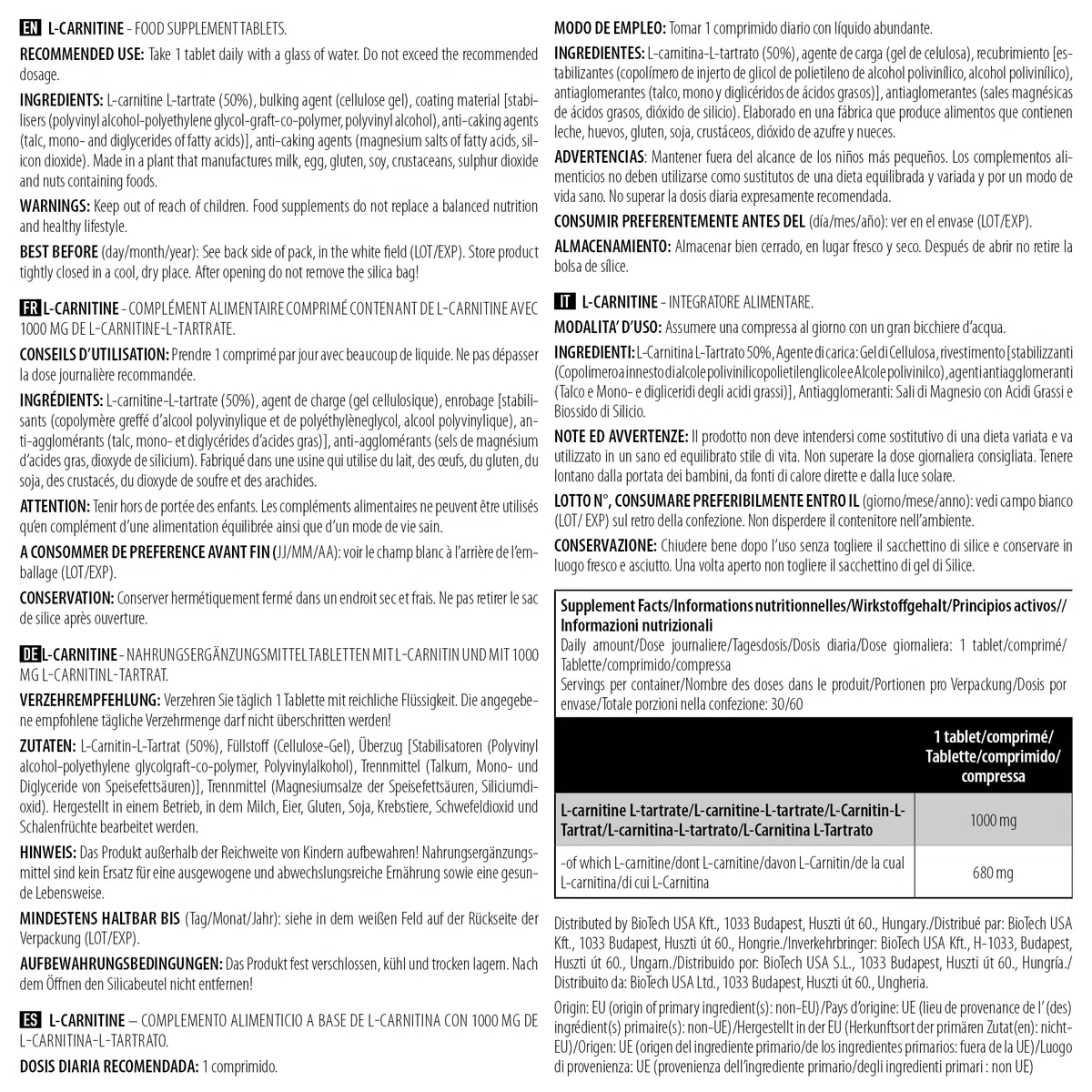 BioTechUSA L-Carnitina 1000 mg Capsule | Miscela di L-Arginina e L-Carnitina | Senza Glutine, 60 compresse