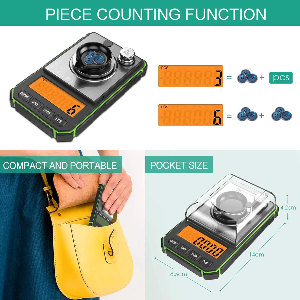 ORIA Bilancia di Precisione, 50g/0.001g Bilancia Digitale Tascabile Ad Alta Precisione con Peso di Calibrazione 50g, Pinzette, Piatto di Pesata, Funzione Tara, LCD, 6 Unità