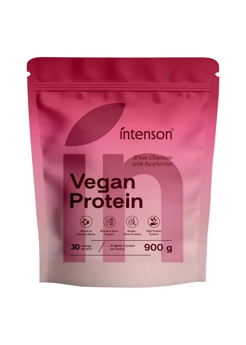 Intenson Vegan Protein Powder Cioccolato Bianco Lampone, 900 g, 21 g Proteine per Porzione, 30 Porzioni, Pisello e Canapa, 100% Vegetale, Senza Lattosio, Senza Glutine, Senza Zucchero, Formula Clean