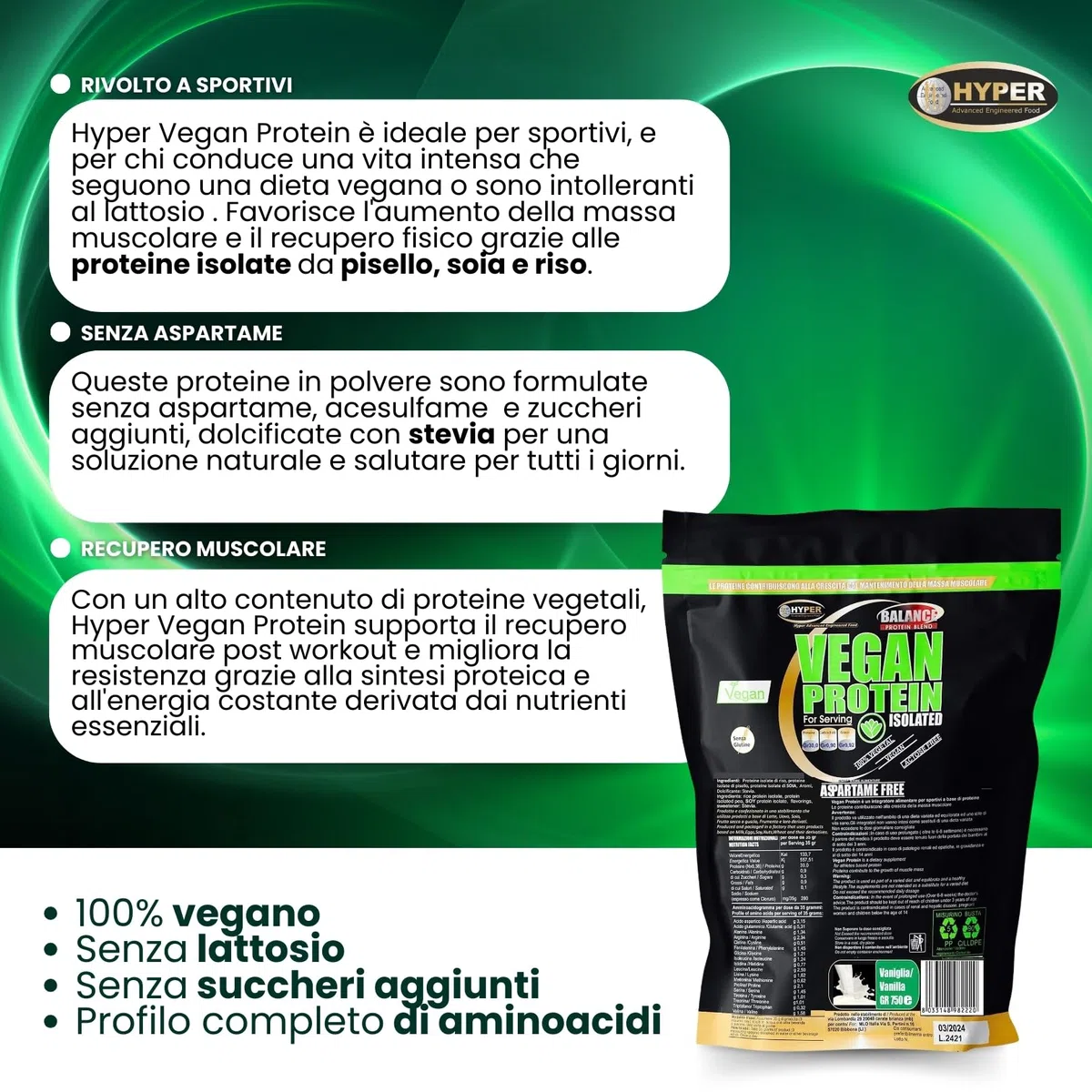 Hyper Proteine Vegane Vegetali Vegan in Polvere g 750 con Proteine del Pisello Soia Riso 90% di Proteine Povere di Carboidrati e Grassi Senza Lattosio Senza Aspartame Vaniglia Prodotte in Italia