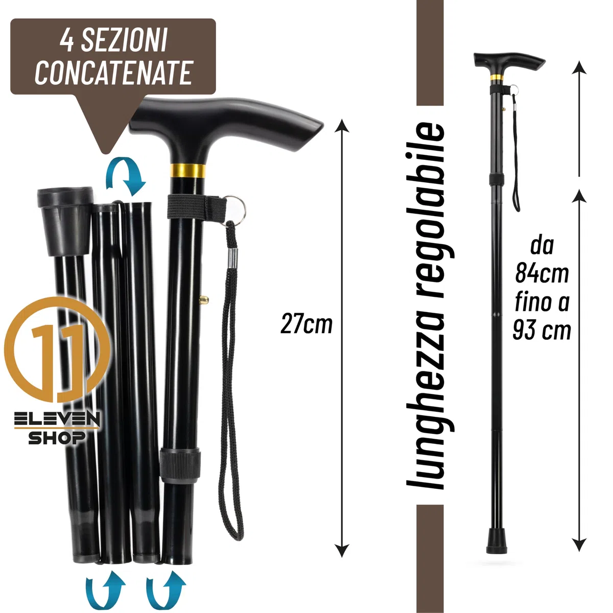 Bastone per Anziani in Alluminio, Leggero e Pieghevole – Regolabile in Altezza con Impugnatura Antiscivolo (nero)