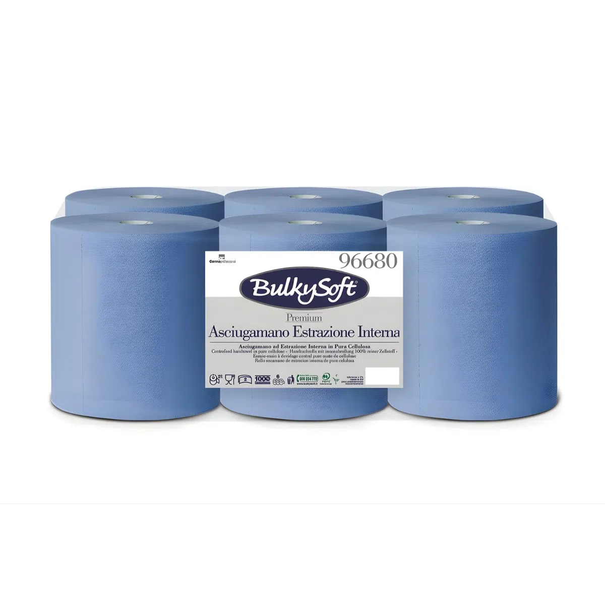 Virsus 6 Rotoli di Asciugamano Estrazione Centrale 6606, colore Blu, dimensione 108 mt x 6 di carta 2 veli, 450 strappi rotolo Asciugatutto per mani, idoneo al contatto alimentare