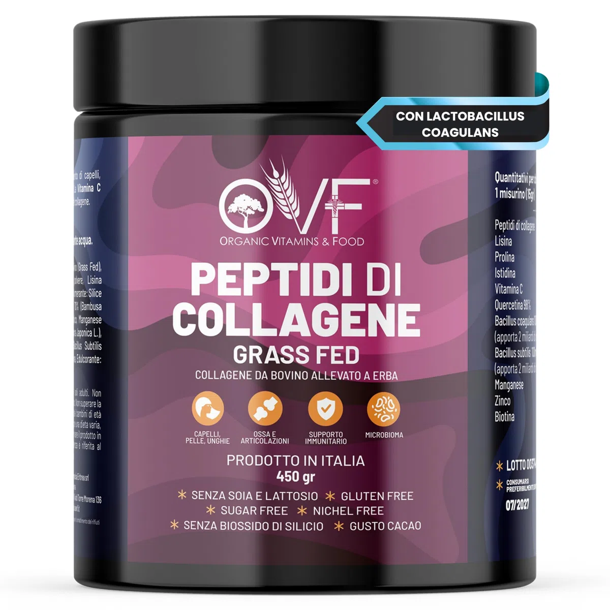 OVF Peptidi di Collagene Idrolizzato (grass Fed) - Supporto Articolazioni e Pelle - Integratore 450g Collagene Puro con Biotina, Quercetina, Vitamina C e Zinco - Made in Italy
