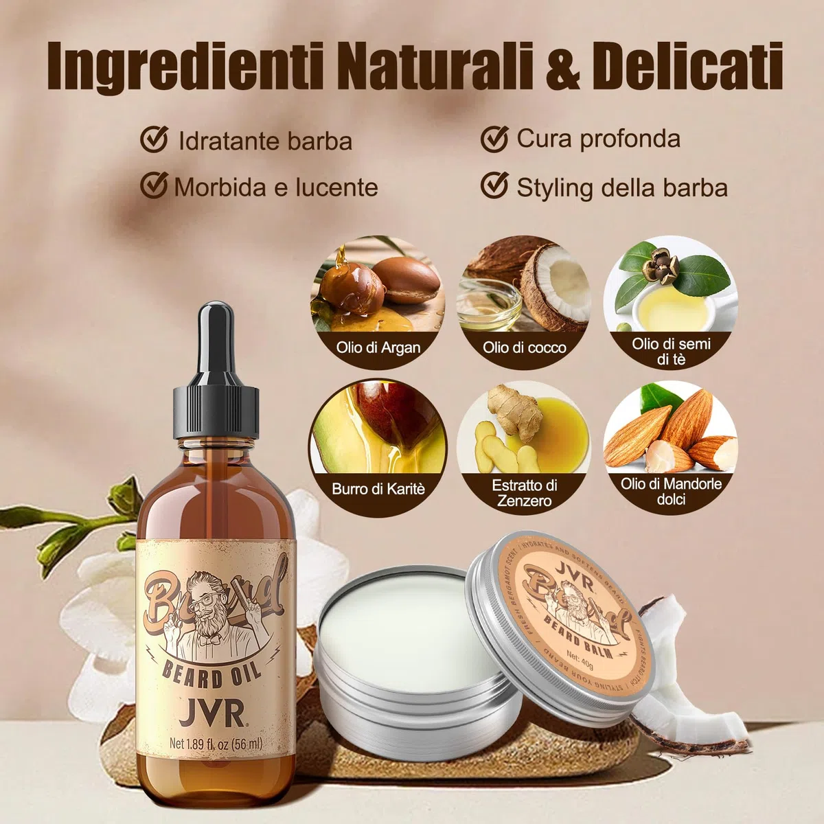 Kit Barba per Uomo, JVR Set Cura Barba, Regalo Cura della Barba Professioni con Olio, Balsamo e Spazzola, Leviga la barba, idrata e aggiunge lucentezza e styling (Giallo)