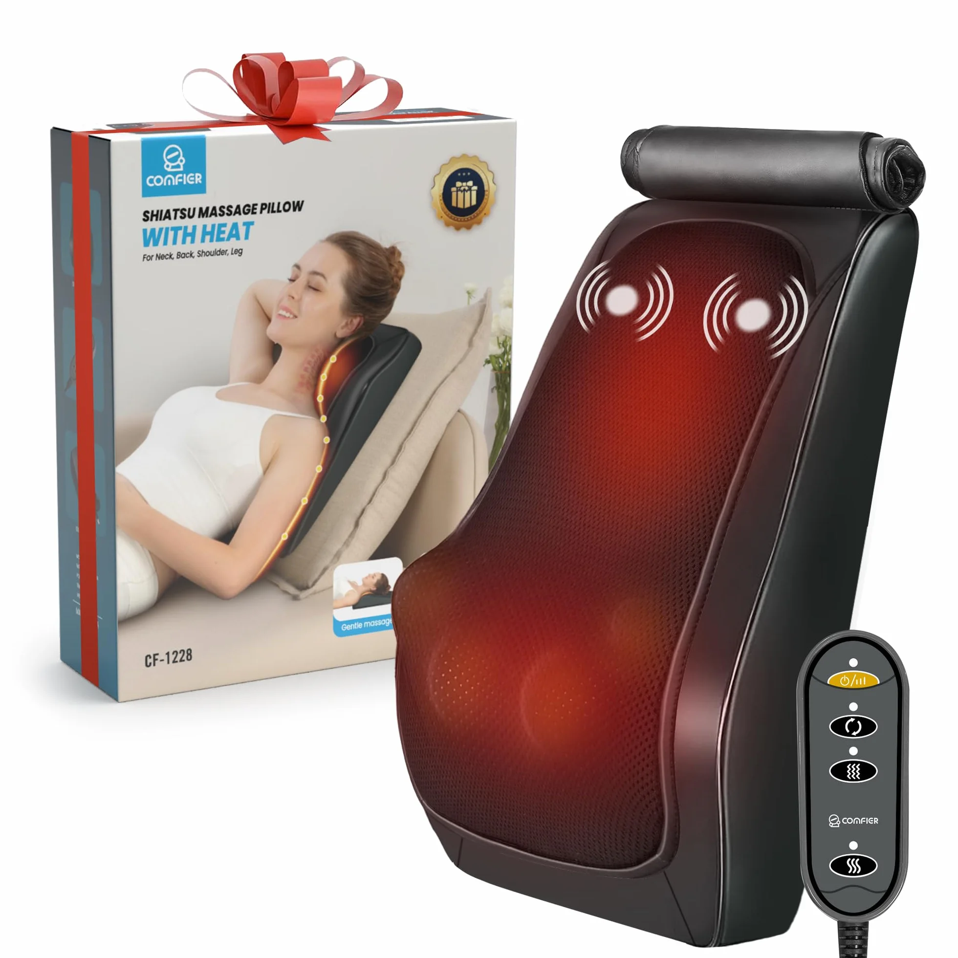 COMFIER Massaggiatore per schiena e collo con calore, cuspide massaggiante 3D con massaggio a vibrazione, massaggiatore shiatsu per collo e spalle, cuscino massaggiante, regali