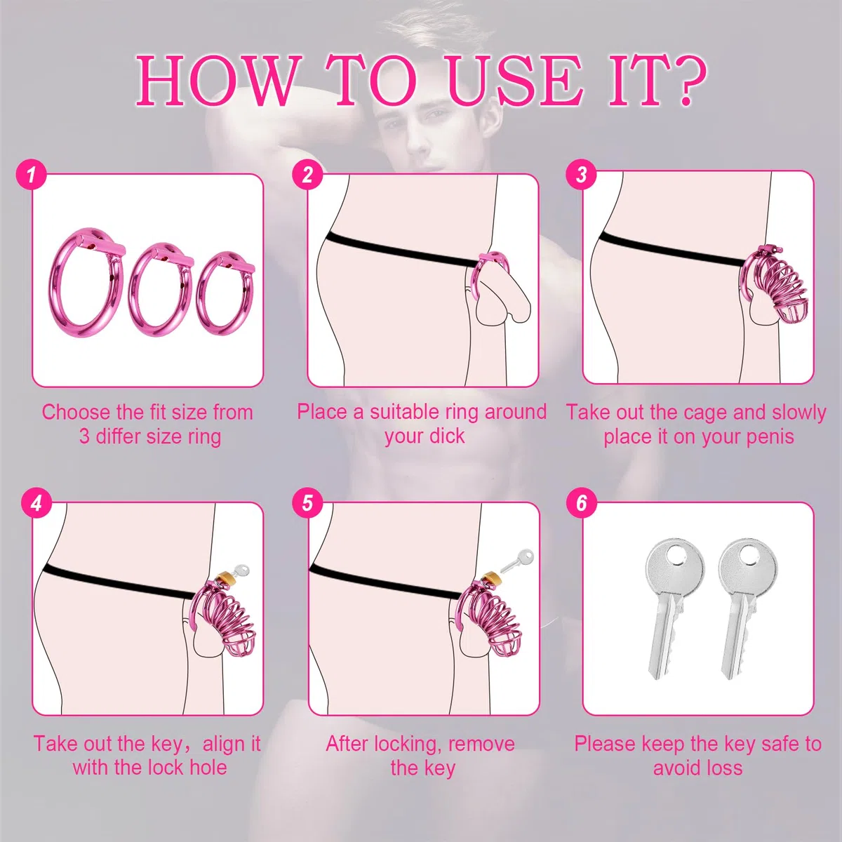Gabbia Per Pene - Chastity Cage Con Cintura Di Castità, Gabbia Di Castità Uomo Anelli In 3 Misure (4 cm, 4,5 cm, 5 cm) Cock Cage Lilla In Metallo, Gabbia Pene Bondage BDSM Sex Toy Per Uomini